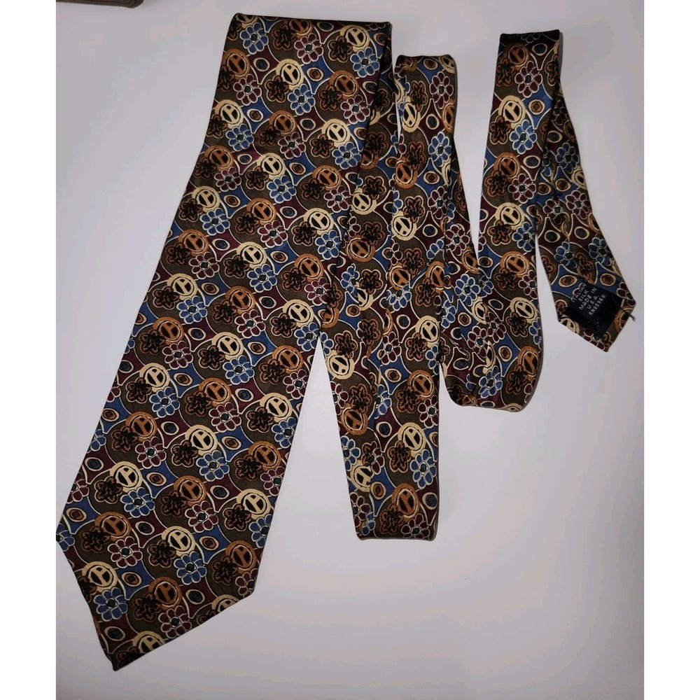 Elizabeth Nell Cravatte 100% Italian Silk Tie USA Made Retro Peace Signs Floral